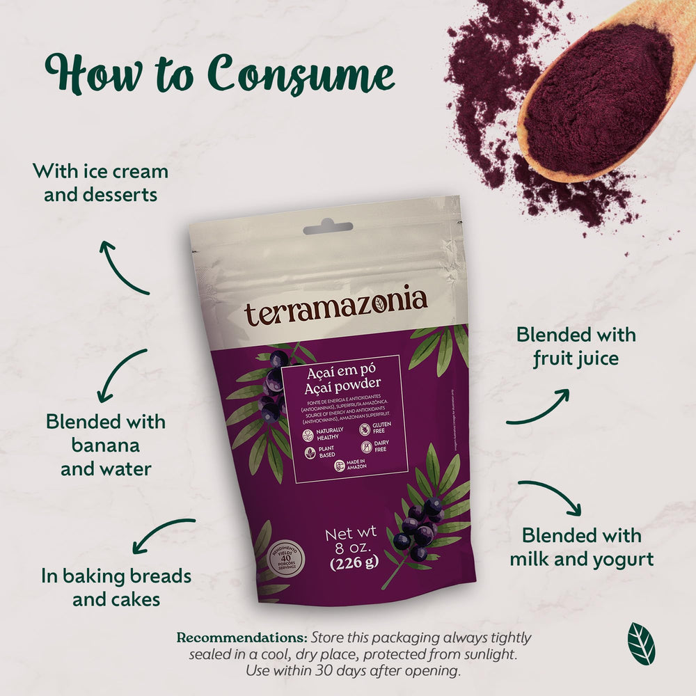 Terramazonia acai powder pour jar demonstrates easy addition to meals.