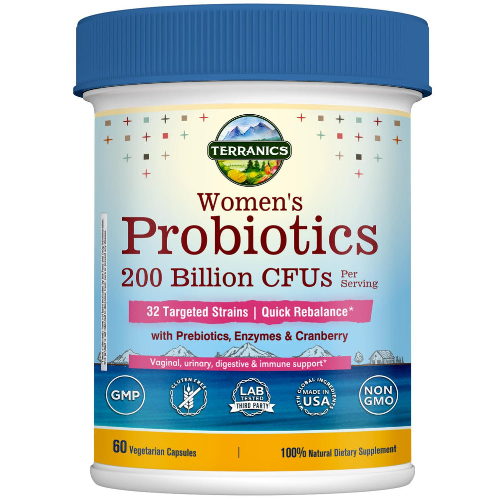Terranics Daily Probiotics for Women bottle with 60 vegan capsules supports balanced gut and vaginal flora.