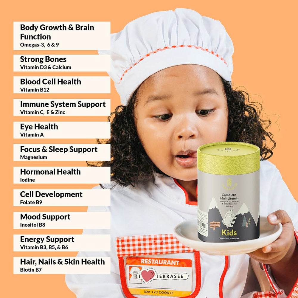 Biodegradable Terraseed packaging emphasizing eco-friendly vitamins for kids.