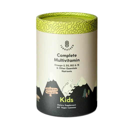 Terraseed Complete Kids Multivitamin Gummies bottle shows vegan formula for daily child nutrition.