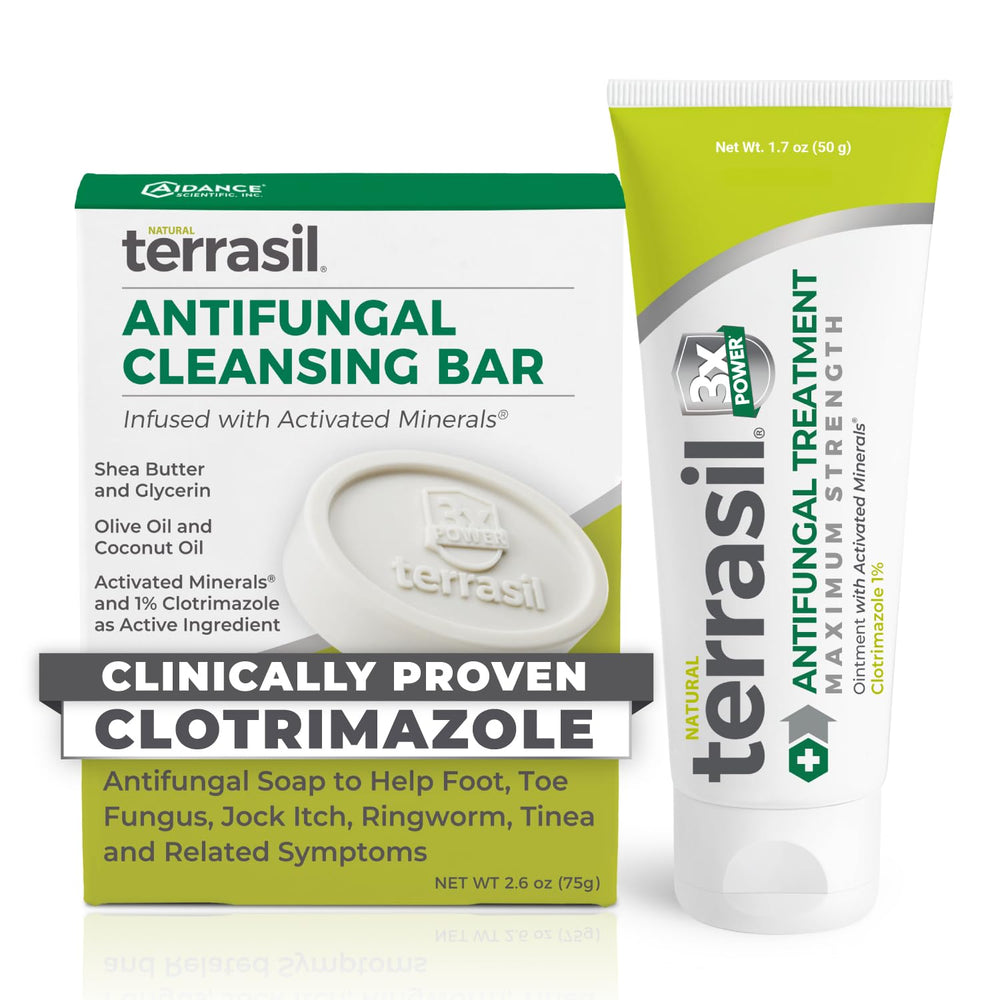 Terrasil antifungal cream tube close-up highlighting 1% clotrimazole for targeted relief.