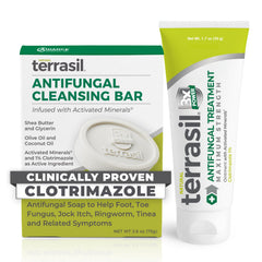 Terrasil antifungal cream tube close-up highlighting 1% clotrimazole for targeted relief.