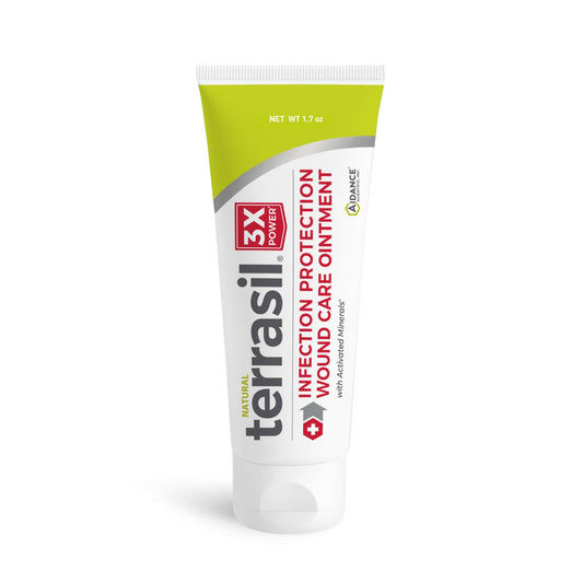Terrasil Wound Care ointment bottle closeup showing protective barrier benefits.
