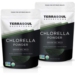 Terrasoul Organic Chlorella Powder label with certification and cracked cell walls for easy blending.