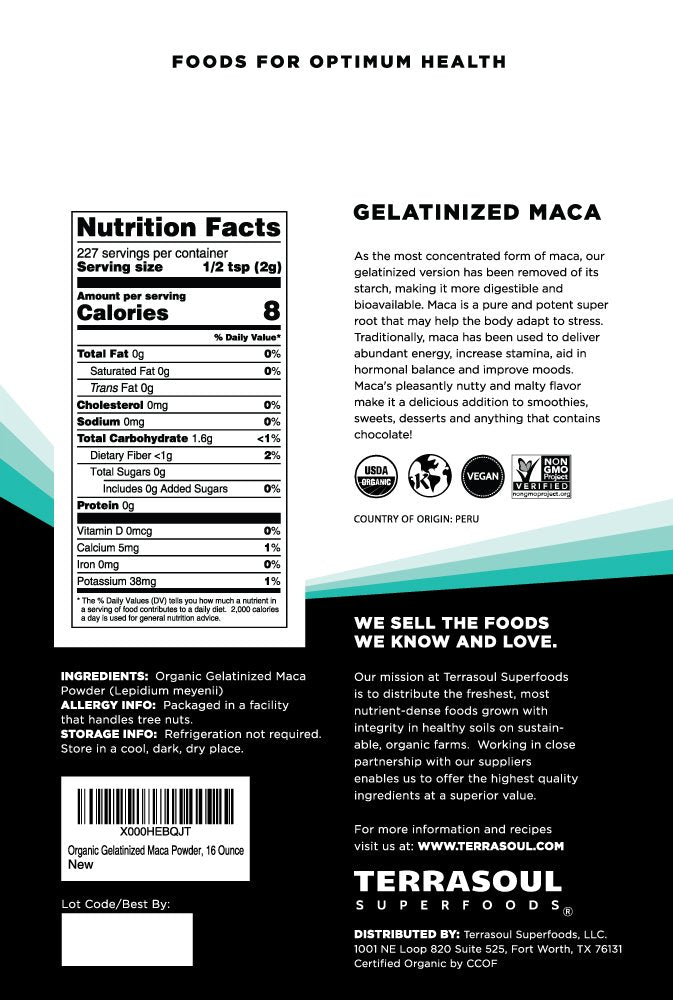 Terrasoul gelatinized-maca powder 16oz pouch pack of five ready for smoothies.