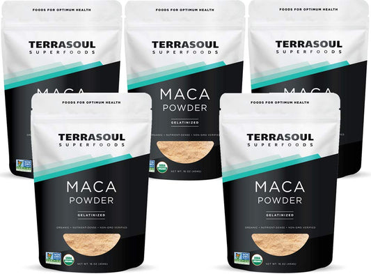 Terrasoul gelatinized maca powder 5lb packaging with five convenient pouches for easy use.