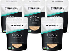 Terrasoul gelatinized maca powder 5lb packaging with five convenient pouches for easy use.