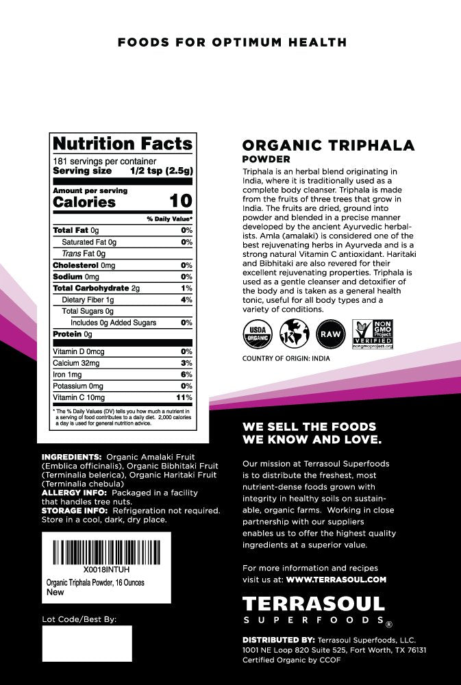 Terrasoul Organic Triphala Powder with scoop for convenient morning ritual.