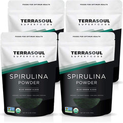 Terrasoul Spirulina Powder packaging case shows four resealable pouches for fresh storage.