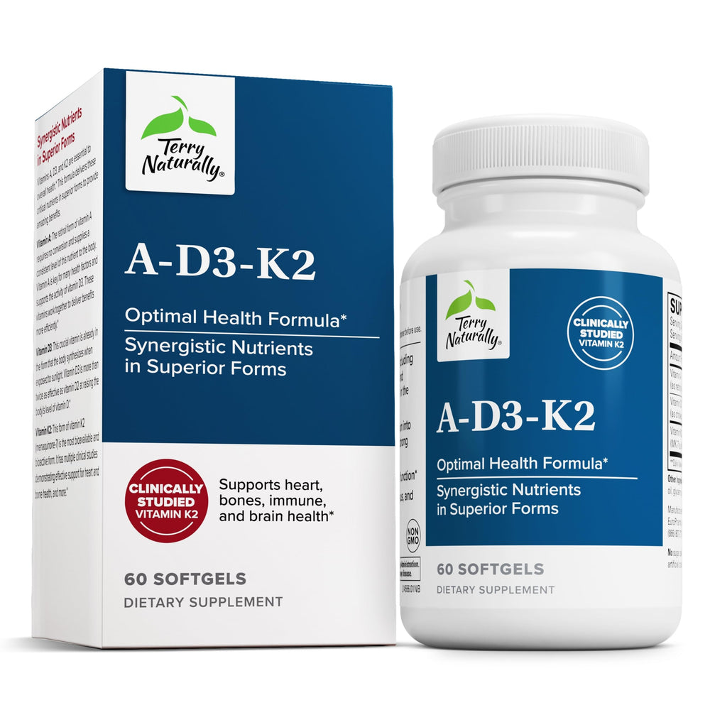 Terry Naturally A•D3•K2 bottle front with 60 softgels for bone and heart support.