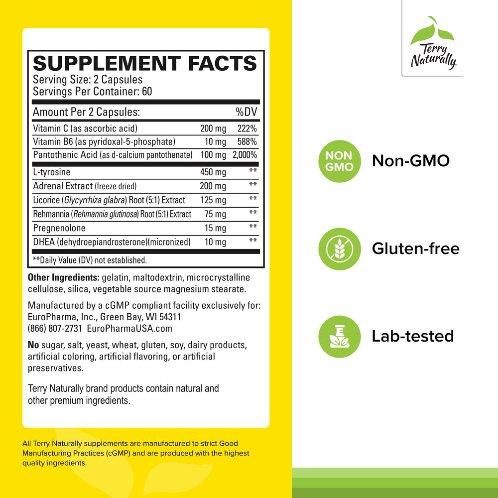 Terry Naturally Adrenaplex bottle label closeup highlights essential nutrients for adrenal health.