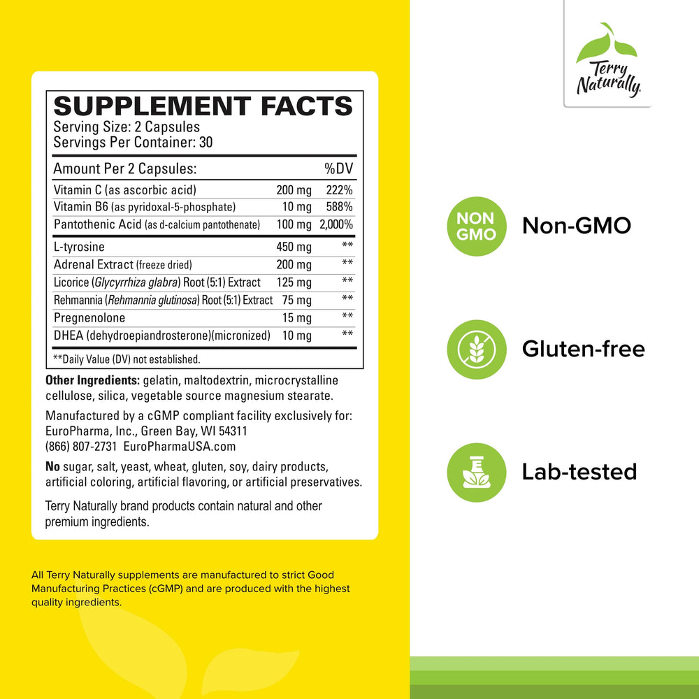Terry Naturally Adrenaplex bottle label lists DHEA and vital vitamins.