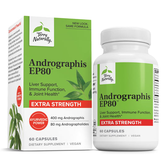 Terry Naturally Andrographis EP80 bottle front view with vegan capsules for daily immune wellness