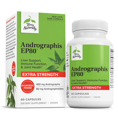 Terry Naturally Andrographis EP80 bottle front view with vegan capsules for daily immune wellness