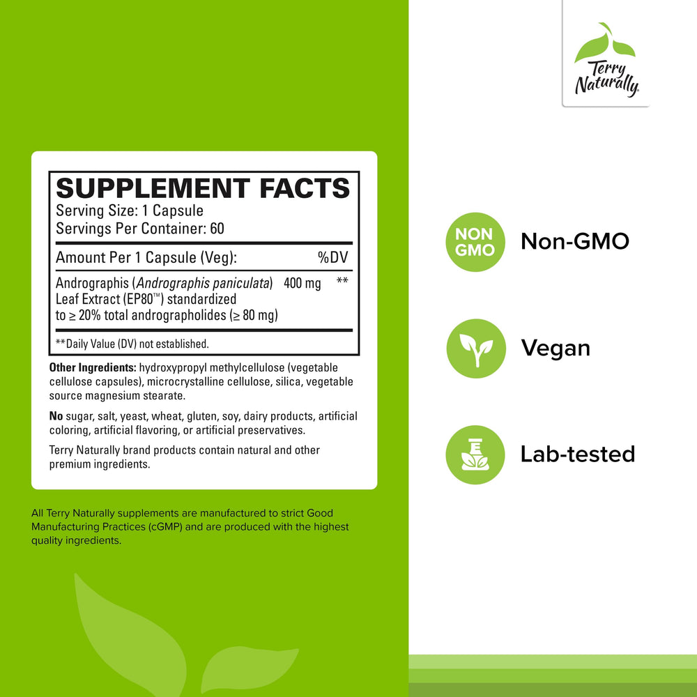 Terry Naturally Andrographis EP80 bottle label close-up highlighting non-GMO vegan formula for daily wellness