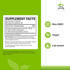 Terry Naturally Andrographis EP80 bottle label close-up highlighting non-GMO vegan formula for daily wellness