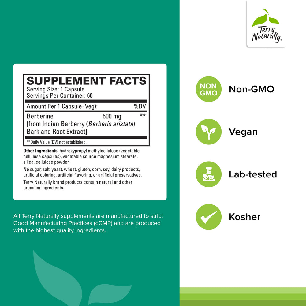 Terry Naturally Berberine label closeup highlighting purity and formulation