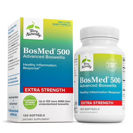 Terry Naturally BosMed 500 softgels on bottle indicate high AKBA lung support.