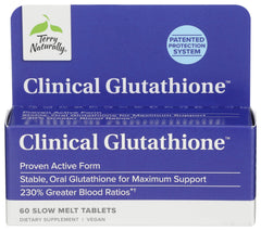 Terry Naturally Clinical Glutathione bottle highlights antioxidant support for healthy aging.