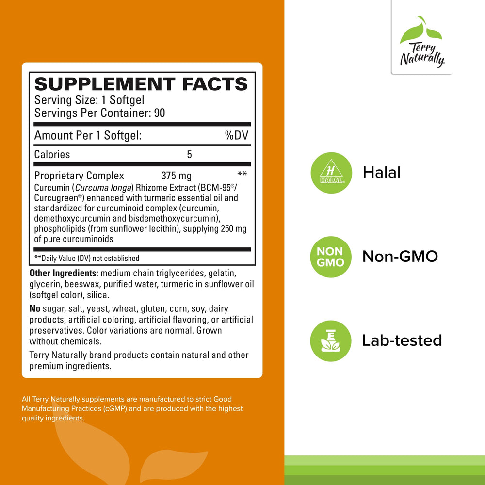 Terry Naturally CuraMed 375mg bottle back label with ingredients and usage.