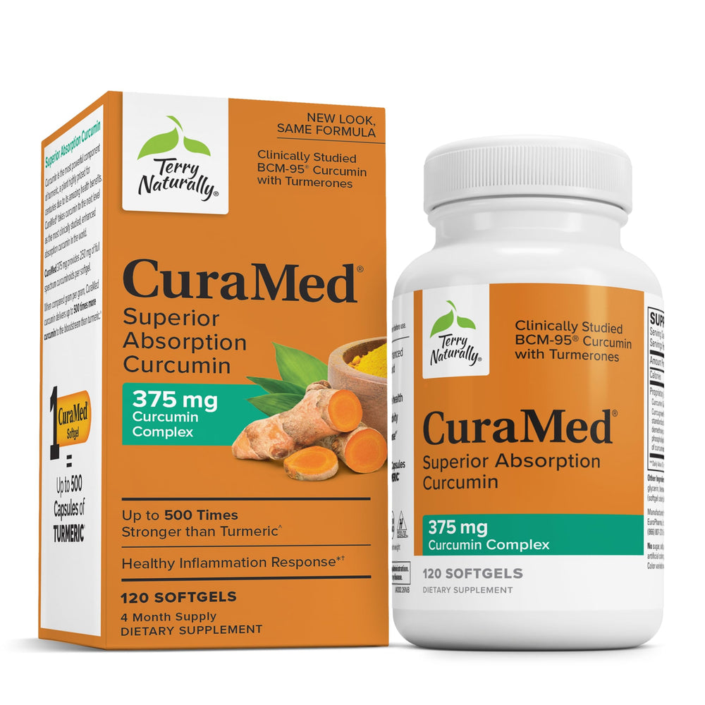 Terry Naturally CuraMed bottle front showing high-potency curcumin blend for daily antioxidant support