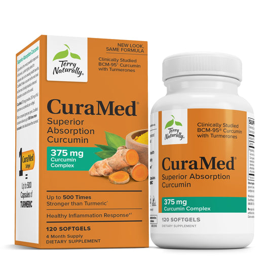 Terry Naturally CuraMed bottle front showing high-potency curcumin blend for daily antioxidant support