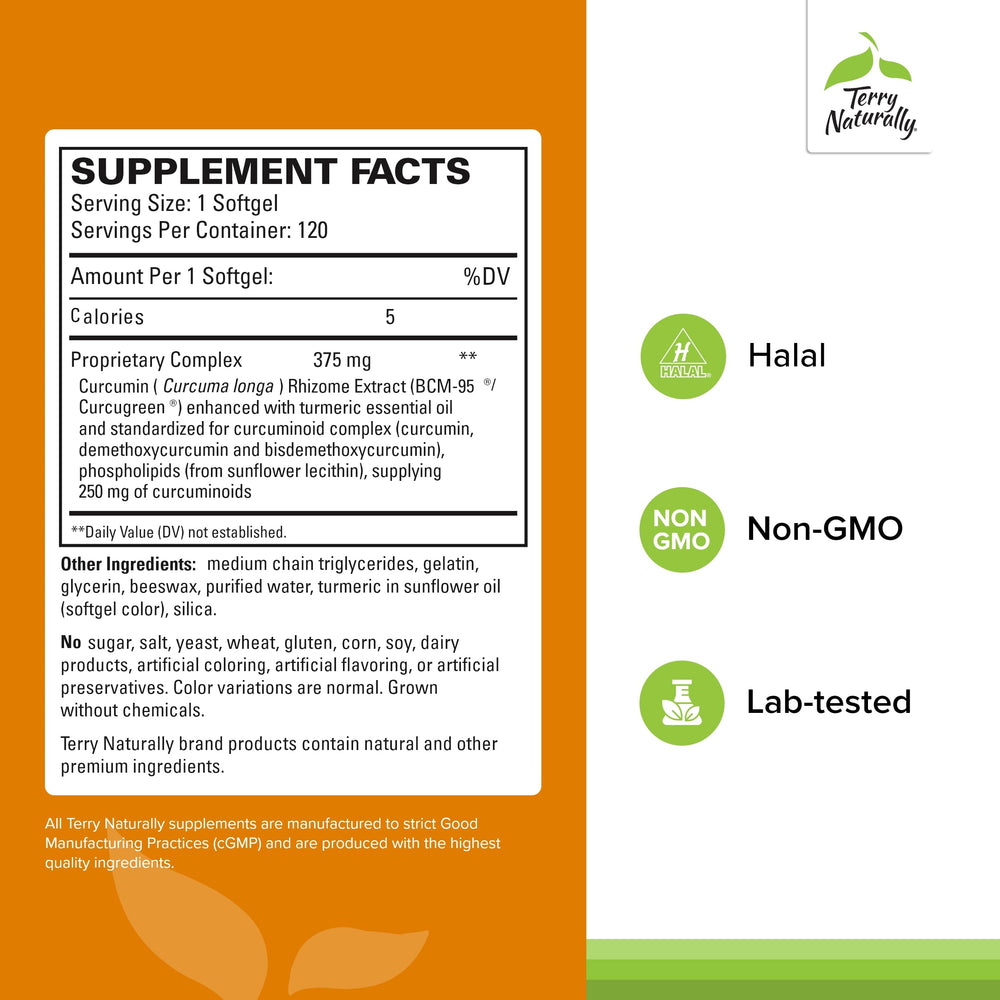 Terry Naturally CuraMed bottle side view highlighting convenient daily softgels