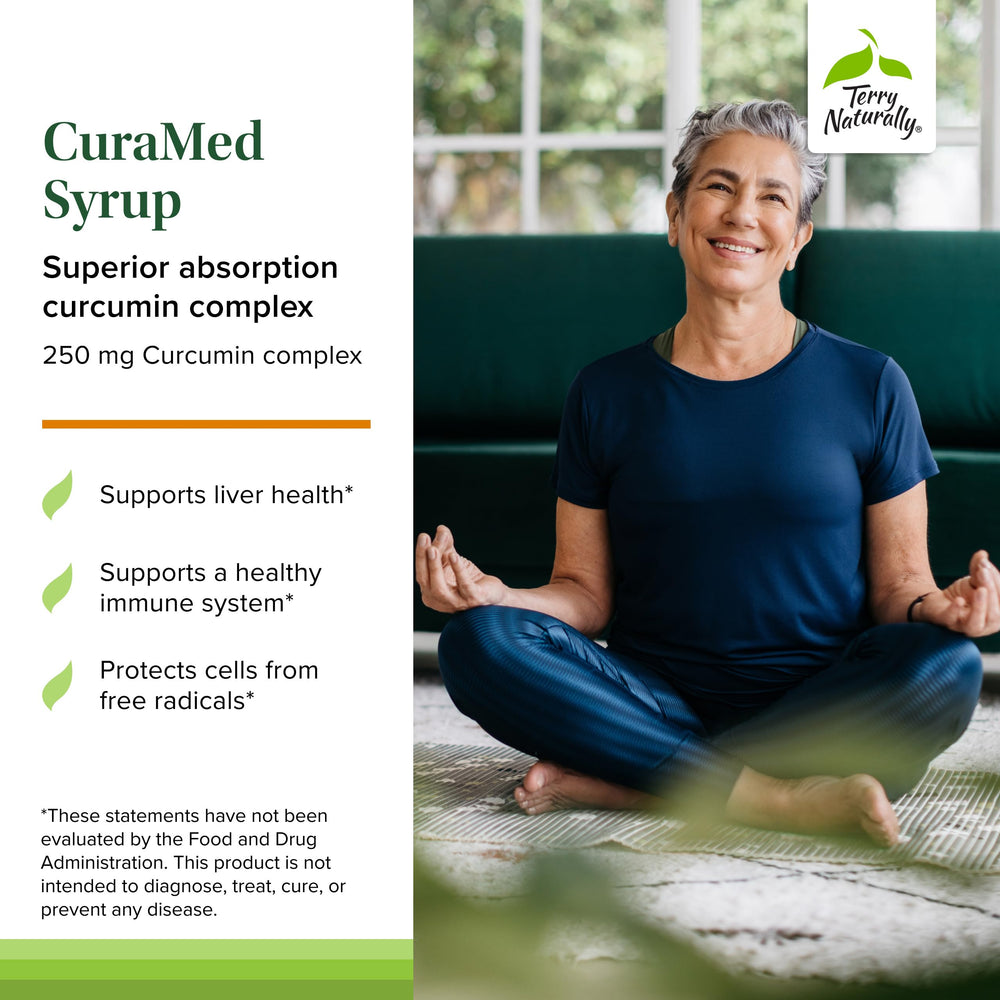 Terry Naturally CuraMed Syrup label closeup highlights vegan, non-GMO formula
