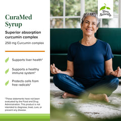 Terry Naturally CuraMed Syrup label closeup highlights vegan, non-GMO formula