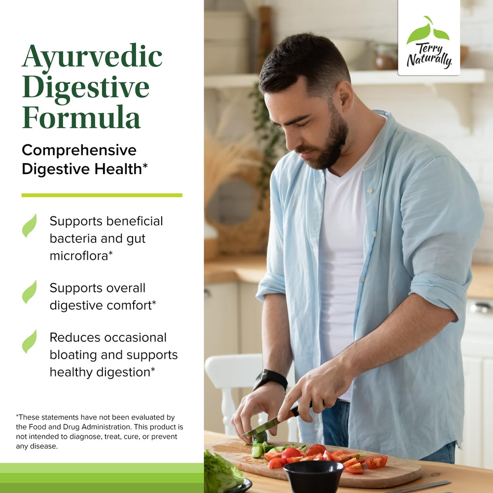 Terry Naturally Digestive Formula vegan capsules with label detail ensuring gluten-free quality.