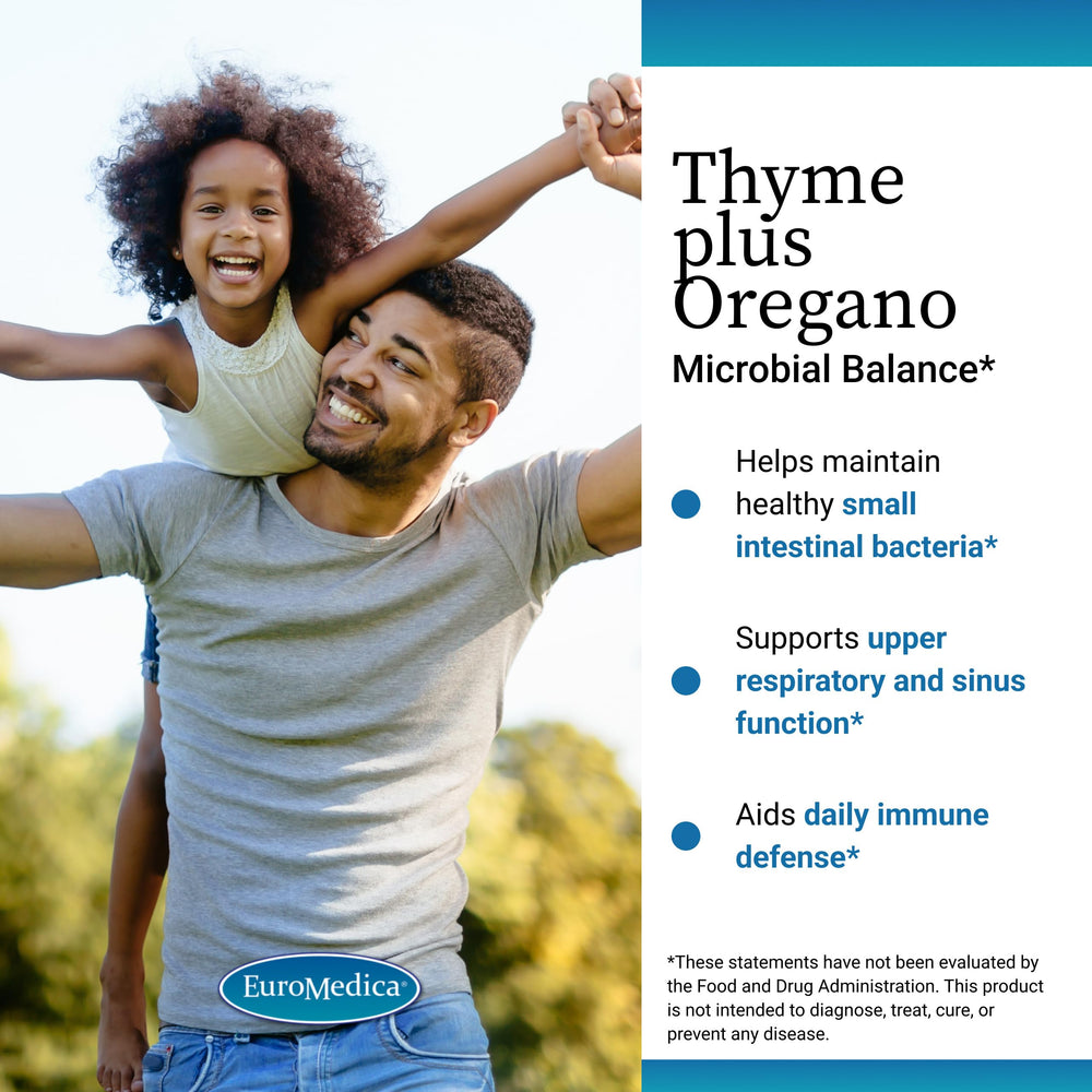 EuroMedica Thyme Plus Oregano label shows gluten-free and dairy-free formulation.