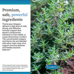 EuroMedica Thyme Plus Oregano softgels beside olive oil highlight natural carrier.