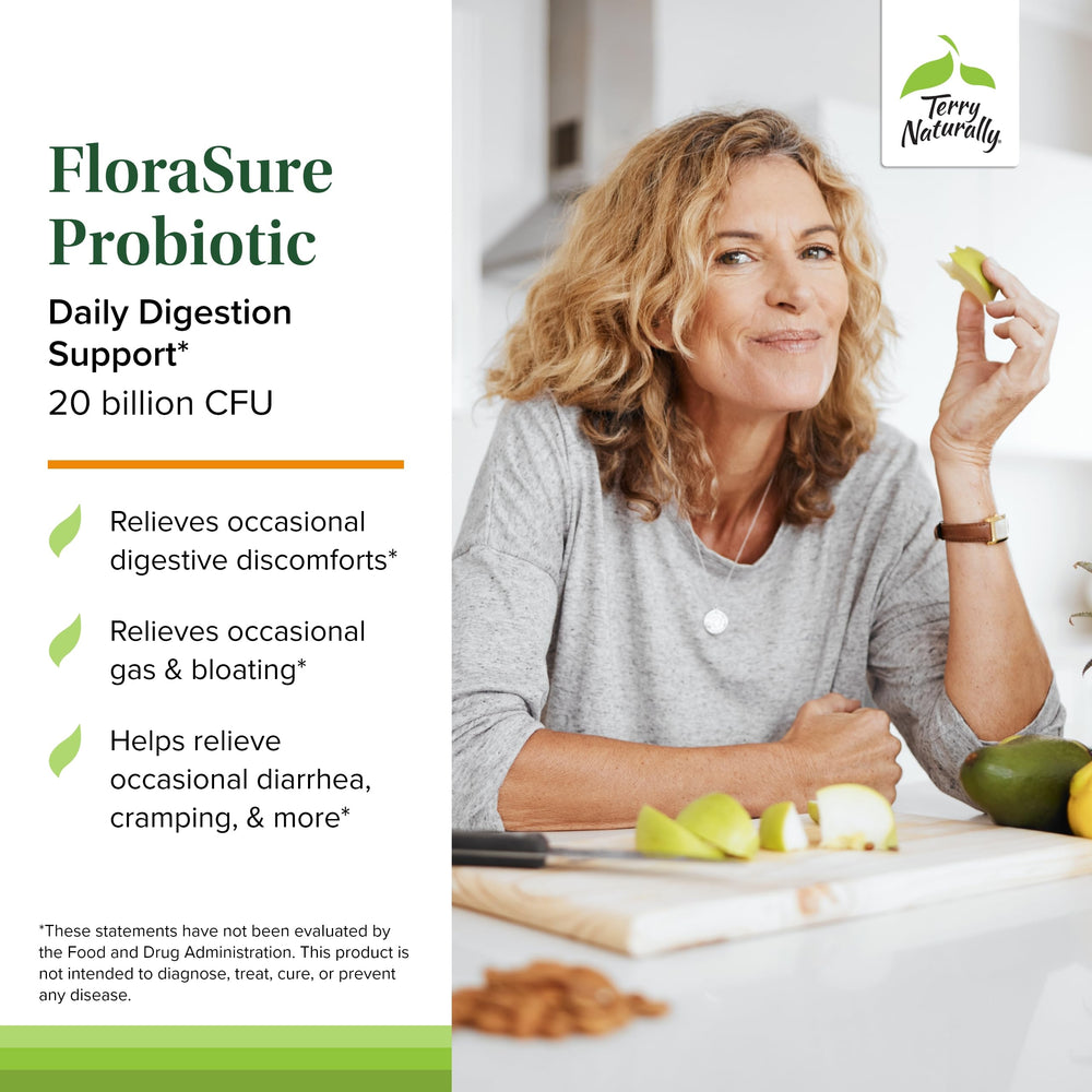 Close-up of FloraSure label highlighting Lactobacillus plantarum and Bifidobacterium bifidum benefits.