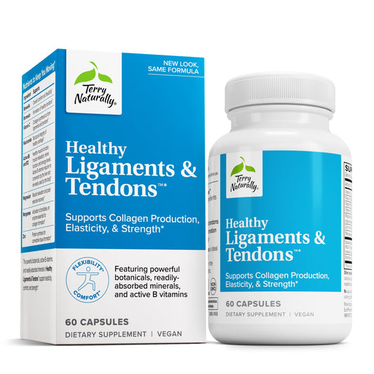 Terry Naturally Healthy Ligaments & Tendons bottle front with non-GMO joint support claim.