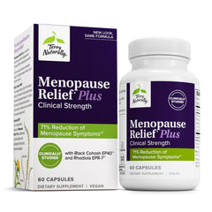 Terry Naturally Menopause Relief Plus bottle close-up for symptom support.