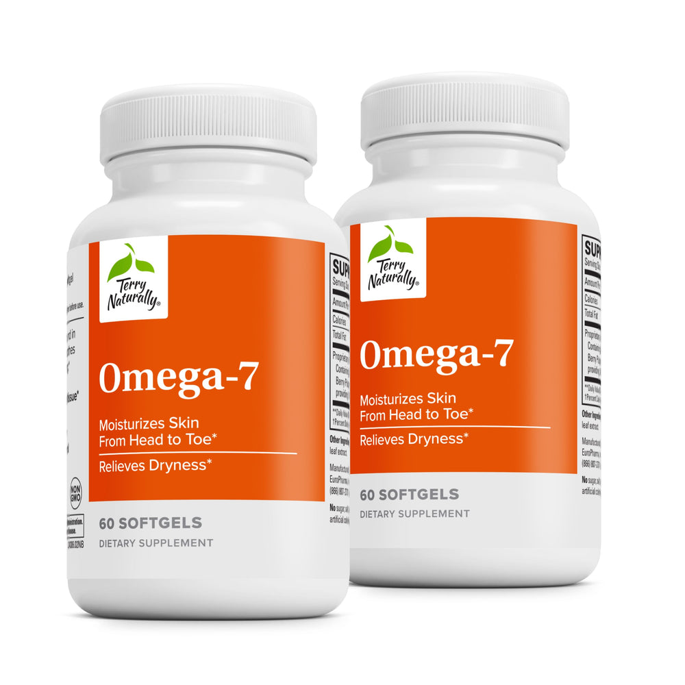 Terry Naturally Omega-7 bottle with softgels supports skin hydration and mucous membrane nourishment.