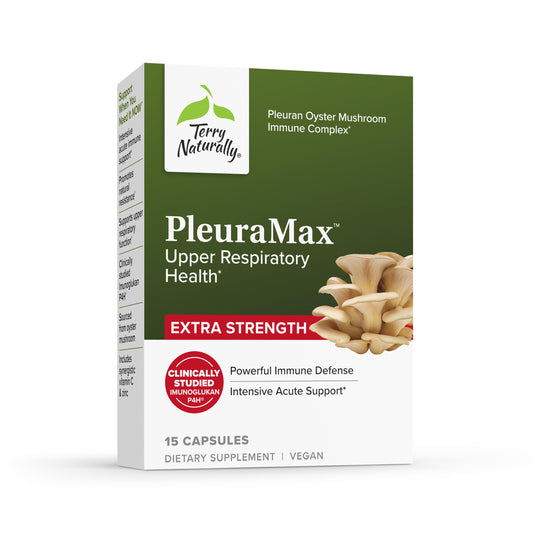 Terry Naturally PleuraMax bottle close-up for immune support with pleuran.