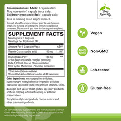 Pleuramax label closeup highlighting vegan and non-GMO ingredients with vitamin C