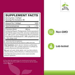 Terry Naturally pomegranate seed oil bottle close-up with non-GMO label.