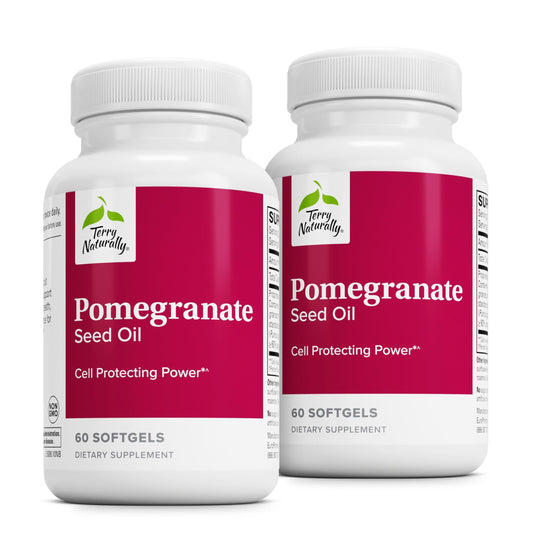 Terry Naturally pomegranate seed oil softgels bottle for daily cardiovascular support.