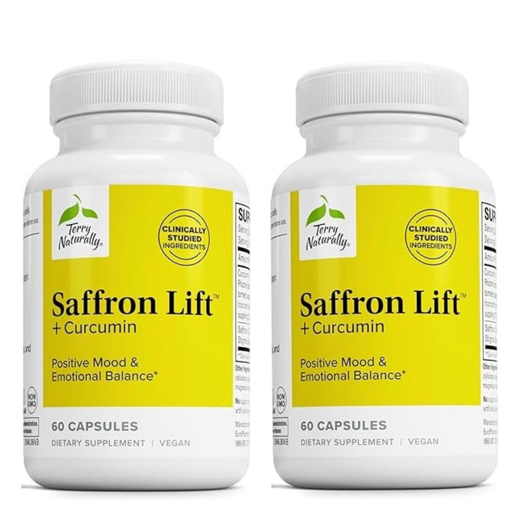 Terry Naturally Saffron Lift + Curcumin bottle supports focus and calm.