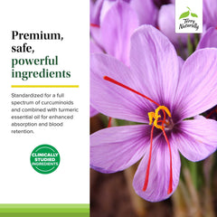Terry Naturally Saffron Lift + Curcumin capsules with glass of water suggest relaxation.