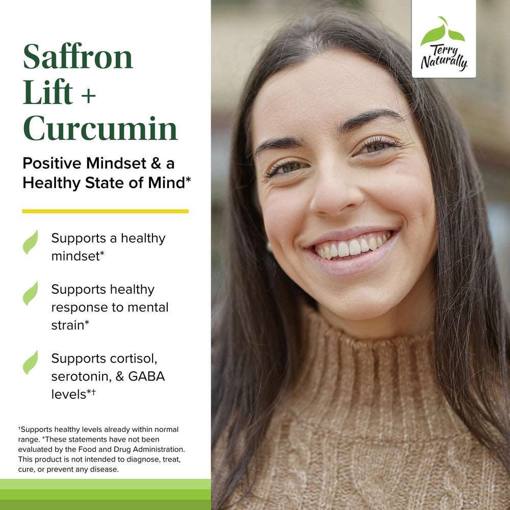 Close-up of Terry Naturally Saffron Lift + Curcumin label highlighting saffron and curcuminoids for balance.