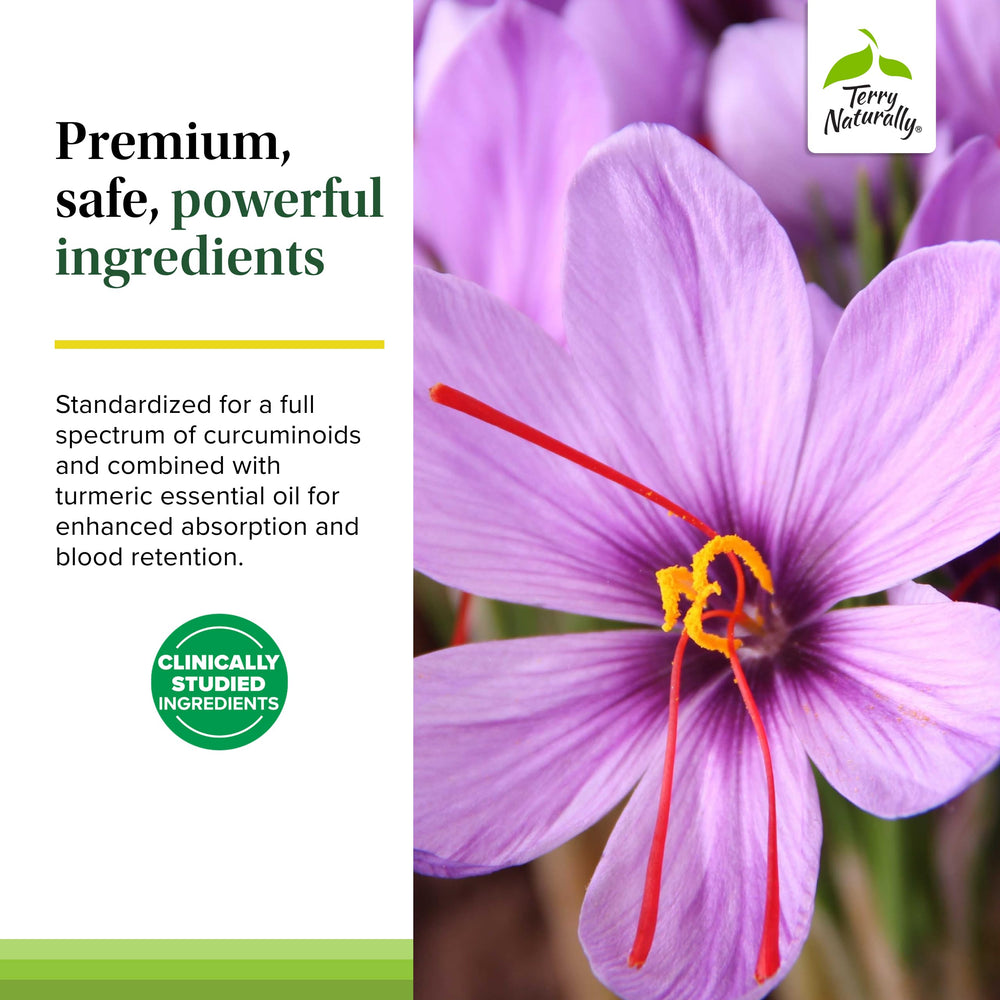 Terry Naturally Saffron Lift + Curcumin bottle highlights turmeric oil for absorption