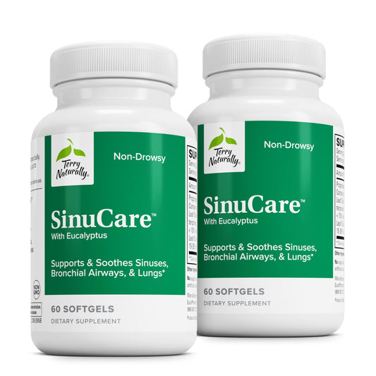Terry Naturally SinuCare bottle pour showing bronchial wellness support