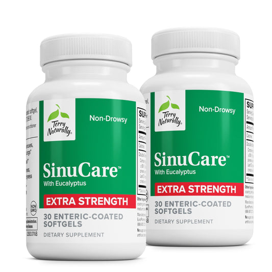 Terry Naturally SinuCare Extra-Strength bottle close-up showing capsules for potential sinus comfort.