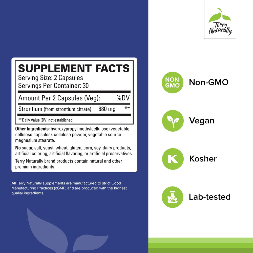 Terry Naturally Strontium bottle back highlighting ingredients and absorption focus