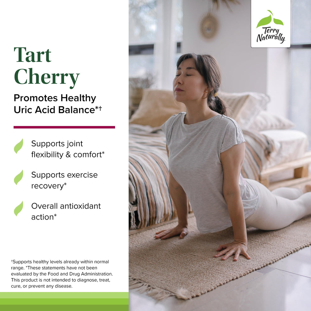 Terry Naturally Tart Cherry label highlights anthocyanins and ingredients.
