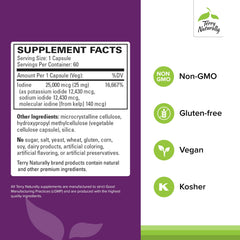 Terry Naturally Tri-Iodine 25 mg capsules close-up; vegan capsules for clean support.