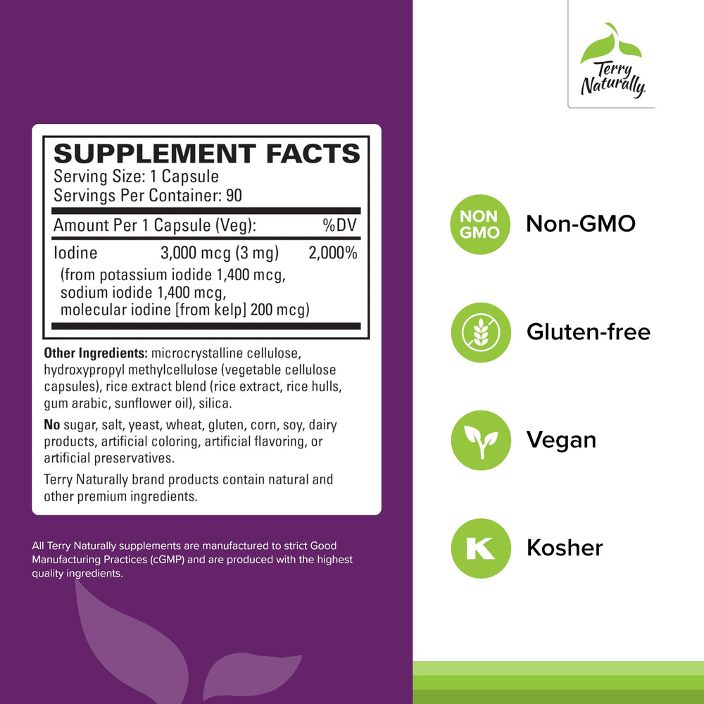 Terry Naturally Tri-Iodine bottle back with supplement facts and ingredients